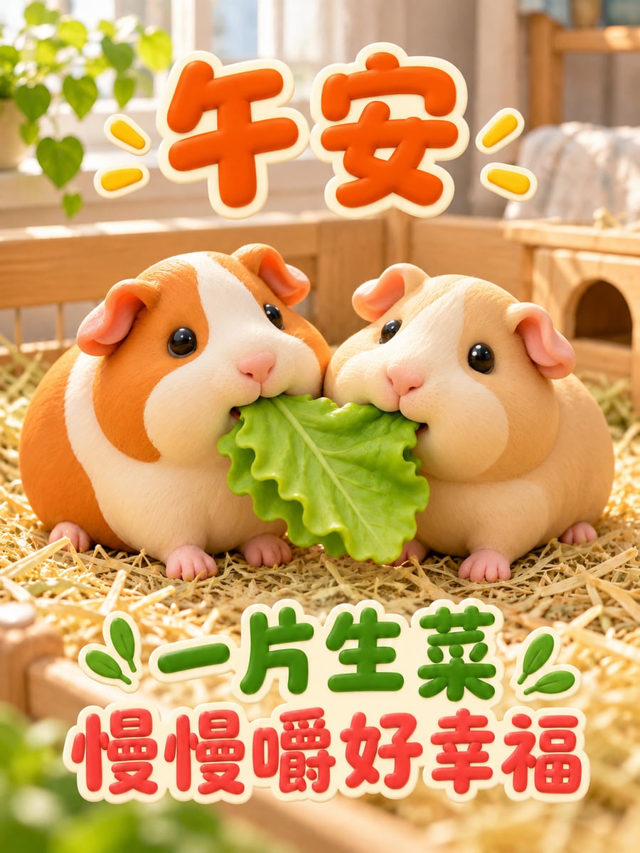 一起啃生菜的天竺鼠。圖中文字：午安，一片生菜，慢慢嚼好幸福