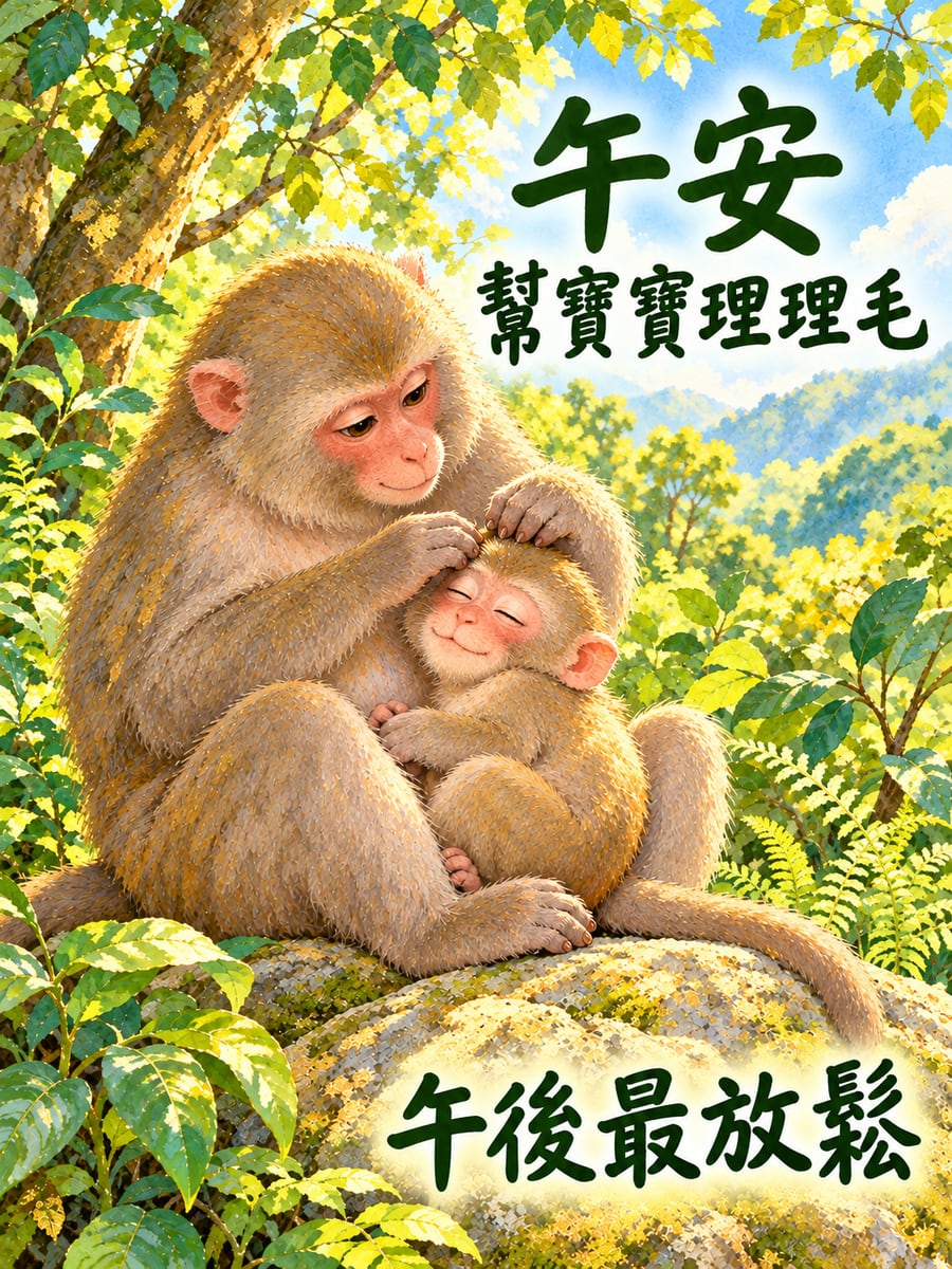 幫寶寶理毛的獼猴媽媽。圖中文字：午安，幫寶寶理理毛，午後最放鬆
