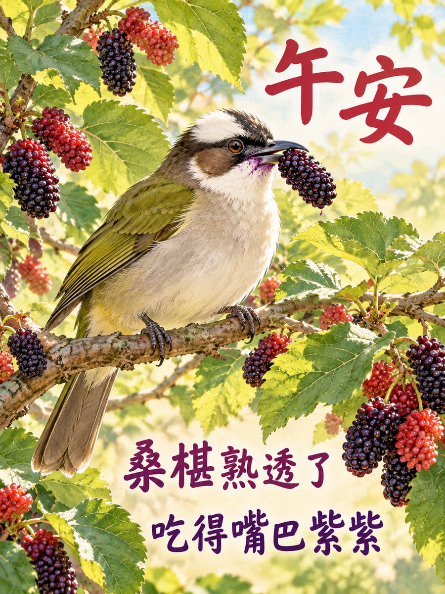 吃桑椹的白頭翁。圖中文字：午安，桑椹熟透了，吃得嘴巴紫紫