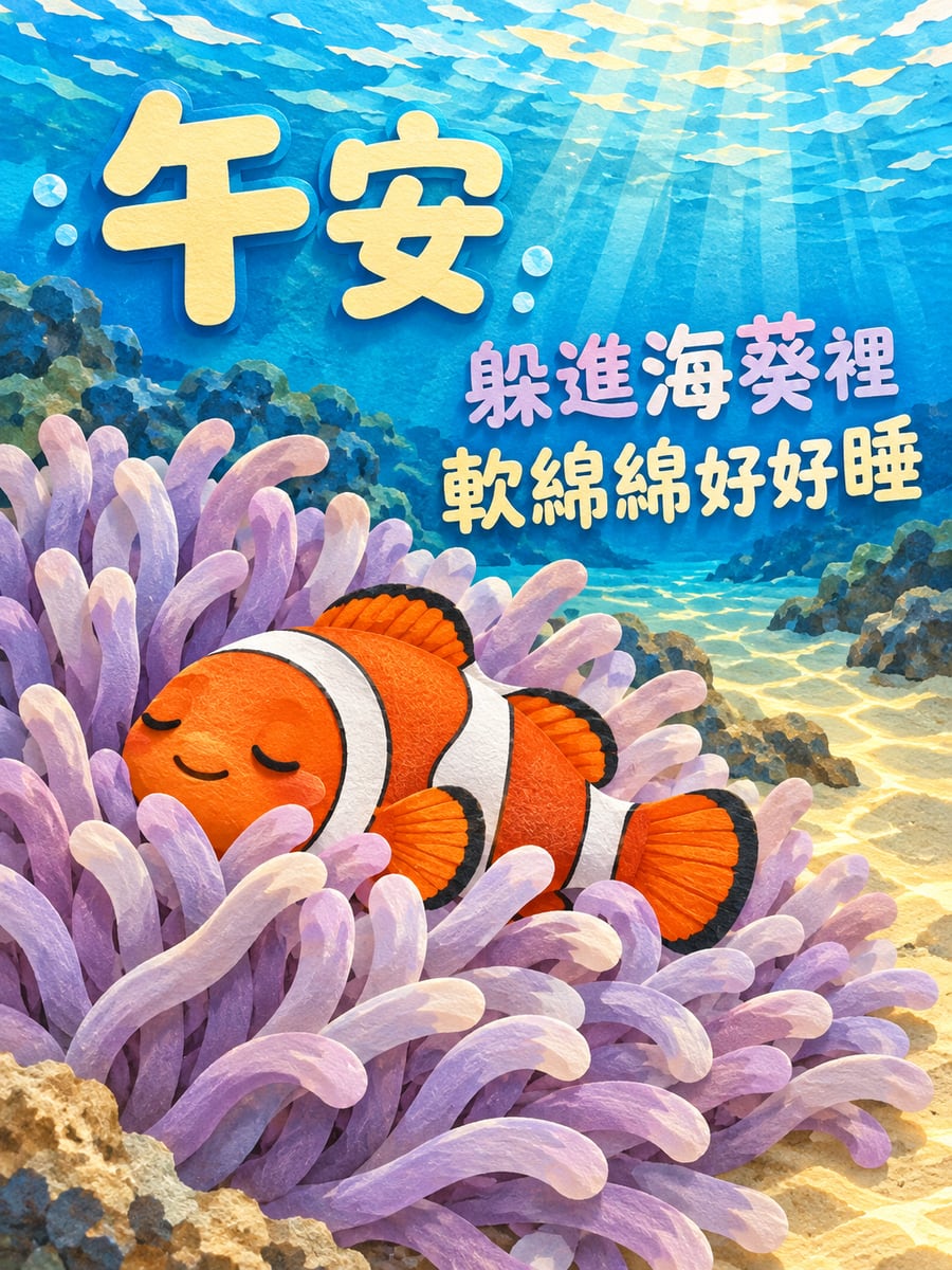 躲進海葵的小丑魚。圖中文字：午安，躲進海葵裡，軟綿綿好好睡