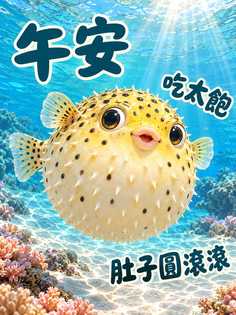 鼓成球的刺河豚。圖中文字：午安，吃太飽，肚子圓滾滾