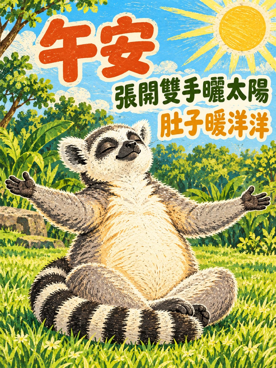 張開雙手曬太陽的狐猴。圖中文字：午安，張開雙手曬太陽，肚子暖洋洋