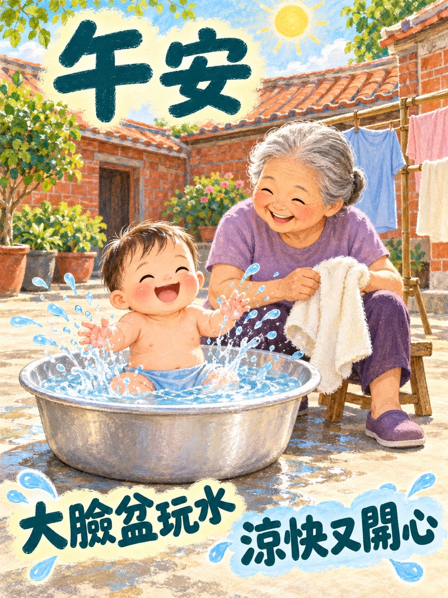 大臉盆玩水的寶寶。圖中文字：午安，大臉盆玩水，涼快又開心