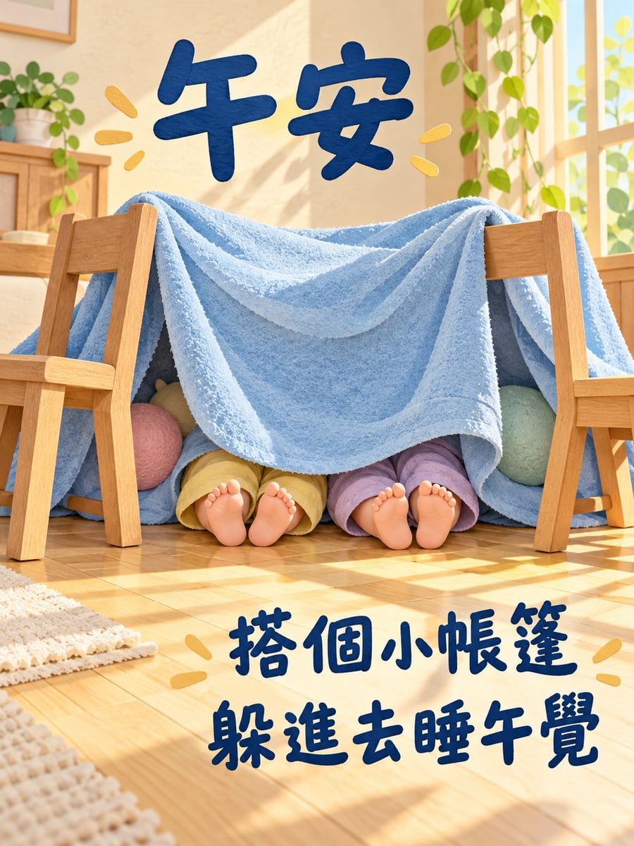 毛巾帳篷裡的午覺。圖中文字：午安，搭個小帳篷，躲進去睡午覺