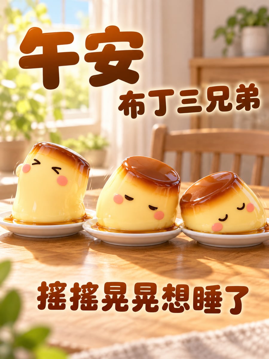 想睡的布丁三兄弟。圖中文字：午安，布丁三兄弟，搖搖晃晃想睡了