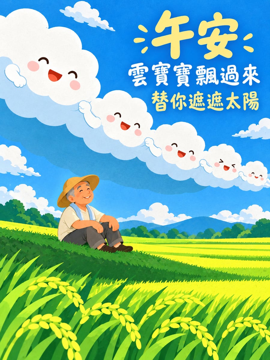 替人遮陽的雲寶寶。圖中文字：午安，雲寶寶飄過來，替你遮遮太陽