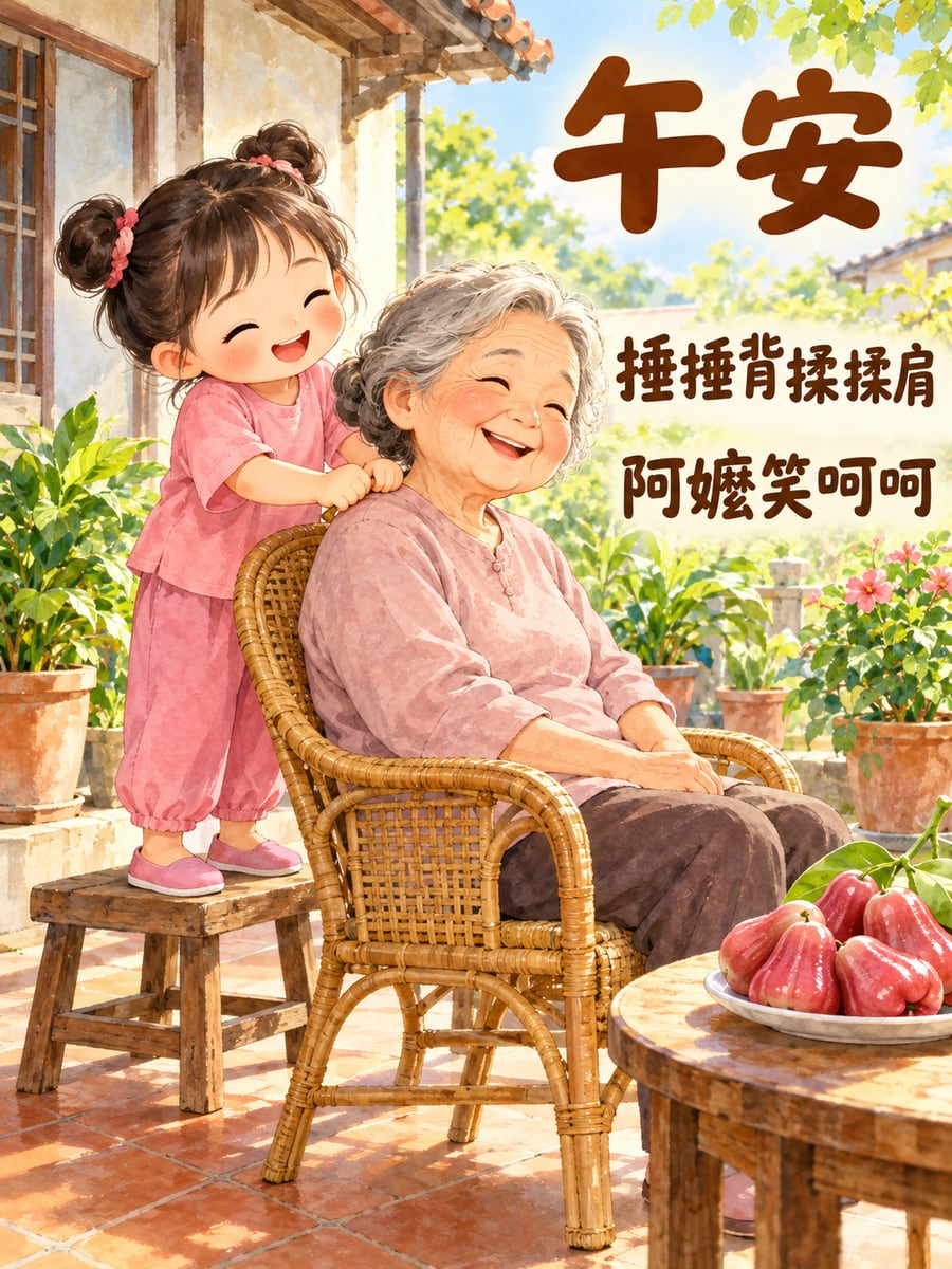 幫阿嬤捶背的小孫女。圖中文字：午安，捶捶背揉揉肩，阿嬤笑呵呵