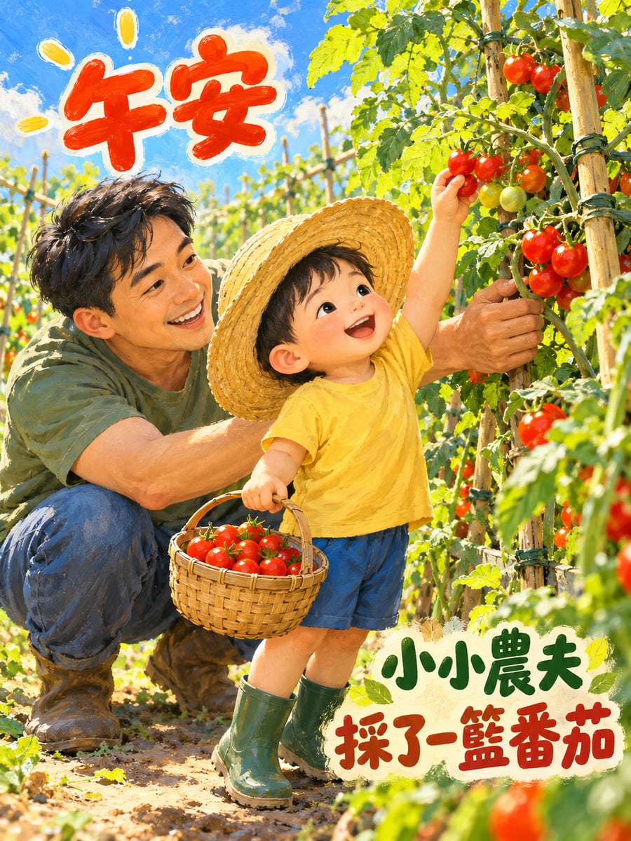採番茄的小小農夫。圖中文字：午安，小小農夫，採了一籃番茄