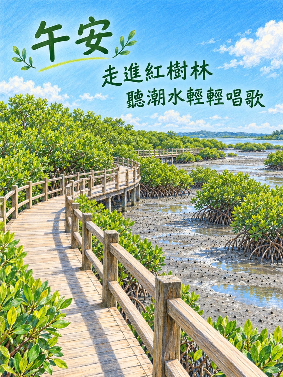 紅樹林步道。圖中文字：午安，走進紅樹林，聽潮水輕輕唱歌