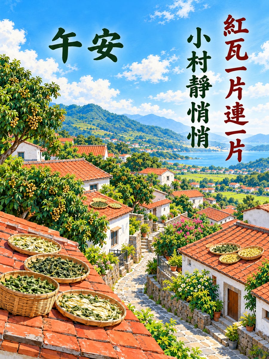 紅瓦小村。圖中文字：午安，紅瓦一片連一片，小村靜悄悄