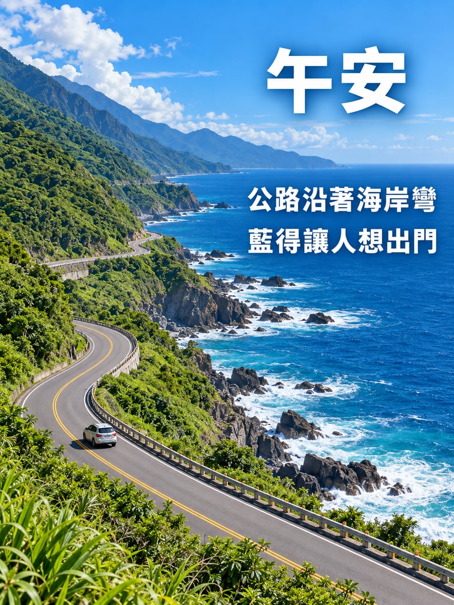 海岸公路。圖中文字：午安，公路沿著海岸彎，藍得讓人想出門
