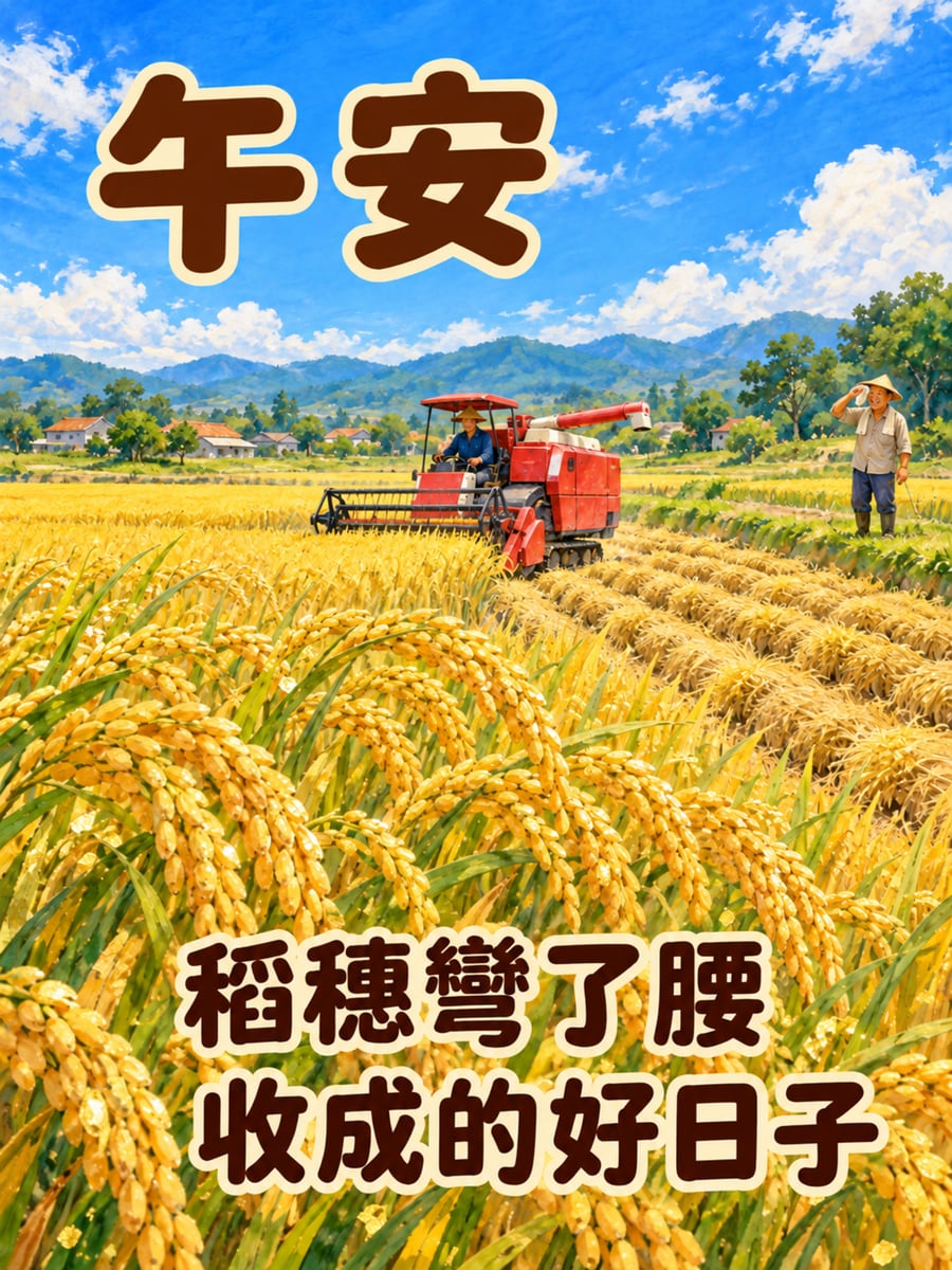 金黃稻穗收割。圖中文字：午安，稻穗彎了腰，收成的好日子