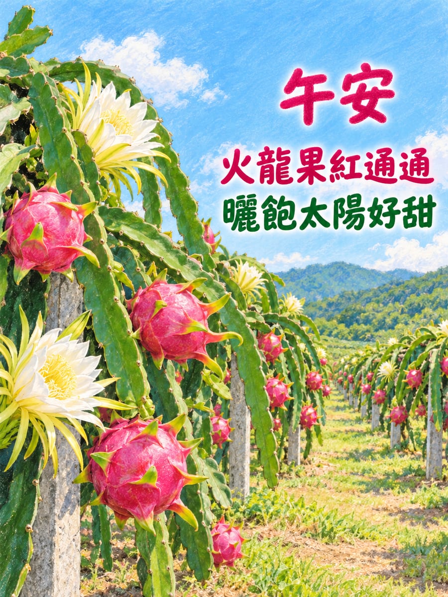 火龍果園。圖中文字：午安，火龍果紅通通，曬飽太陽好甜
