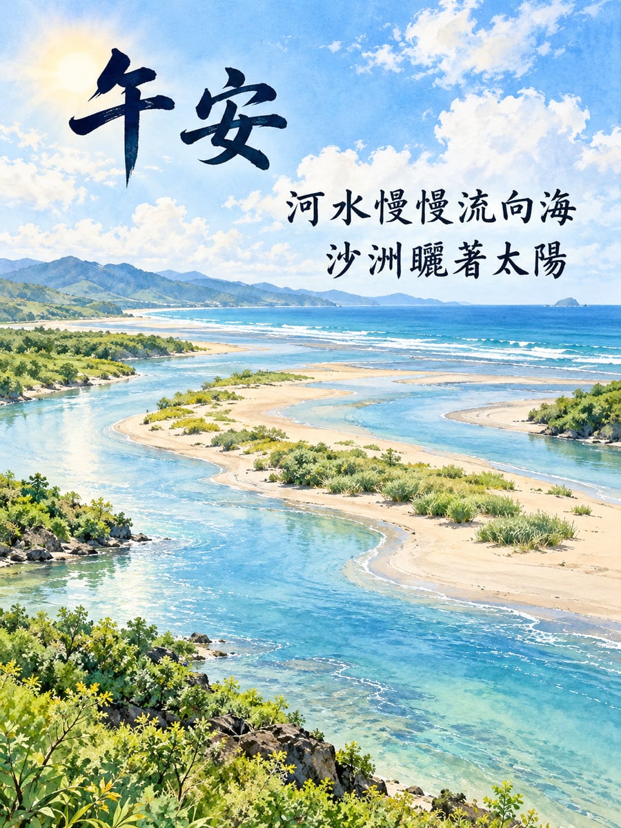 河口沙洲。圖中文字：午安，河水慢慢流向海，沙洲曬著太陽