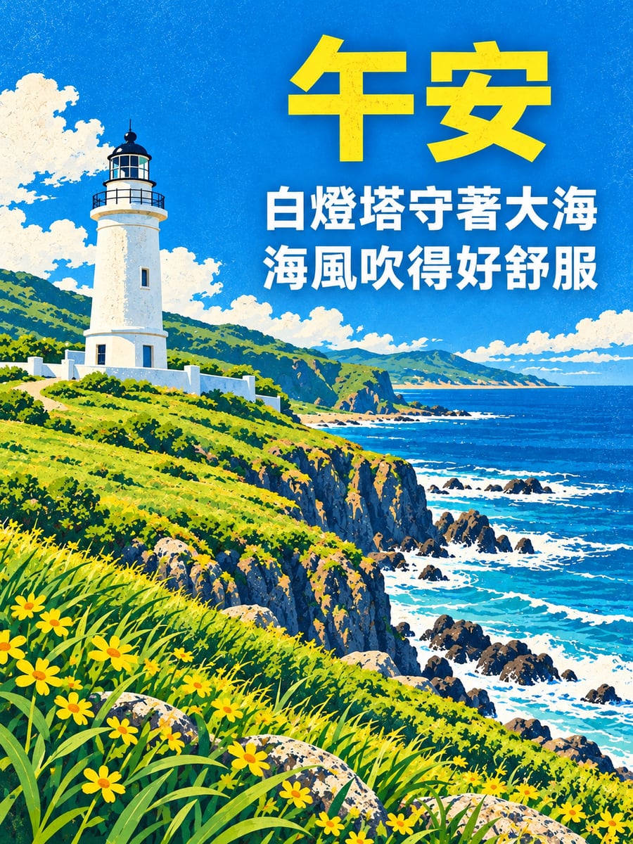 海岬白燈塔。圖中文字：午安，白燈塔守著大海，海風吹得好舒服