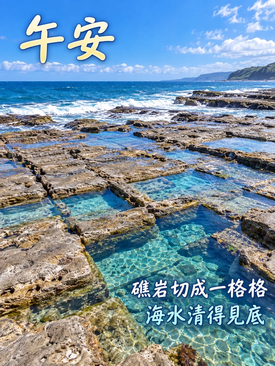 一格格的豆腐岩。圖中文字：午安，礁岩切成一格格，海水清得見底