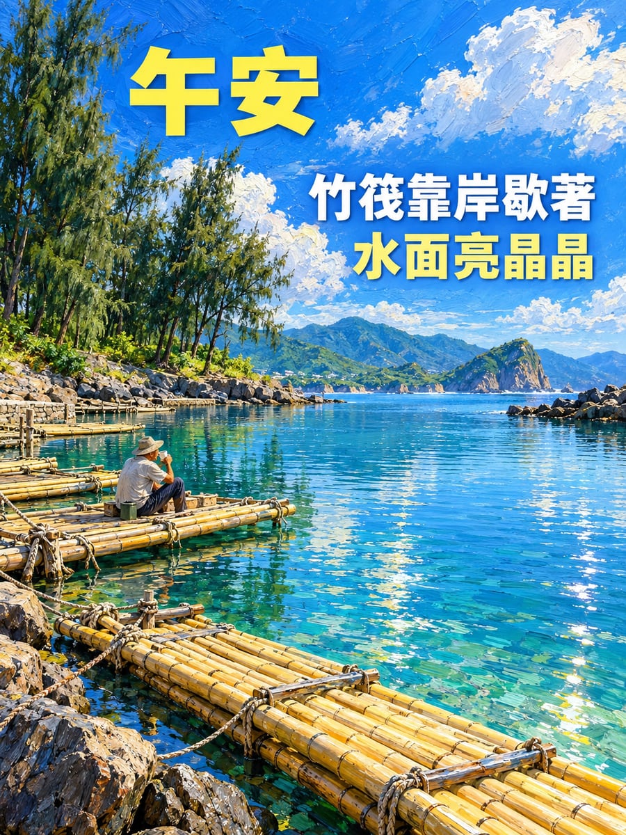 內海竹筏。圖中文字：午安，竹筏靠岸歇著，水面亮晶晶
