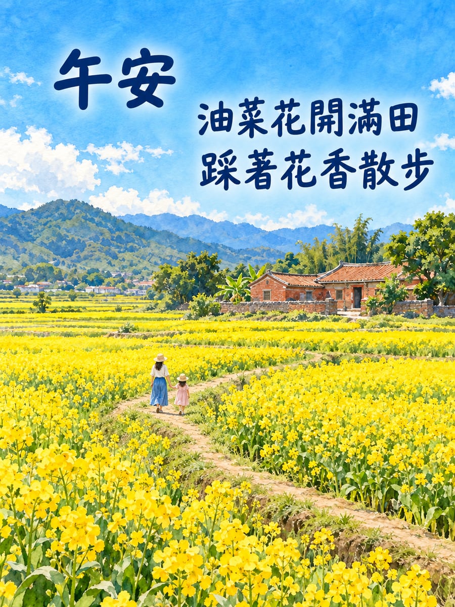 油菜花田小路。圖中文字：午安，油菜花開滿田，踩著花香散步
