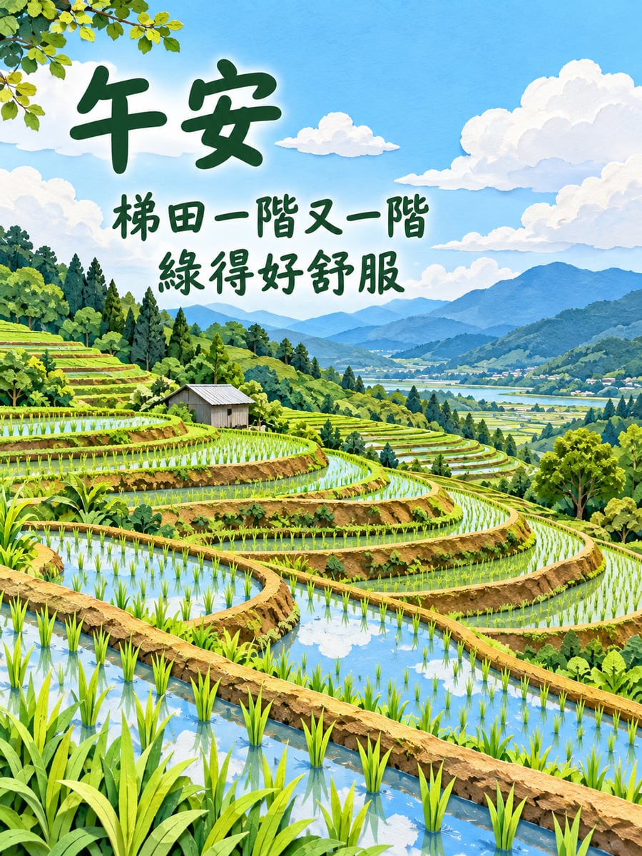 綠色梯田。圖中文字：午安，梯田一階又一階，綠得好舒服