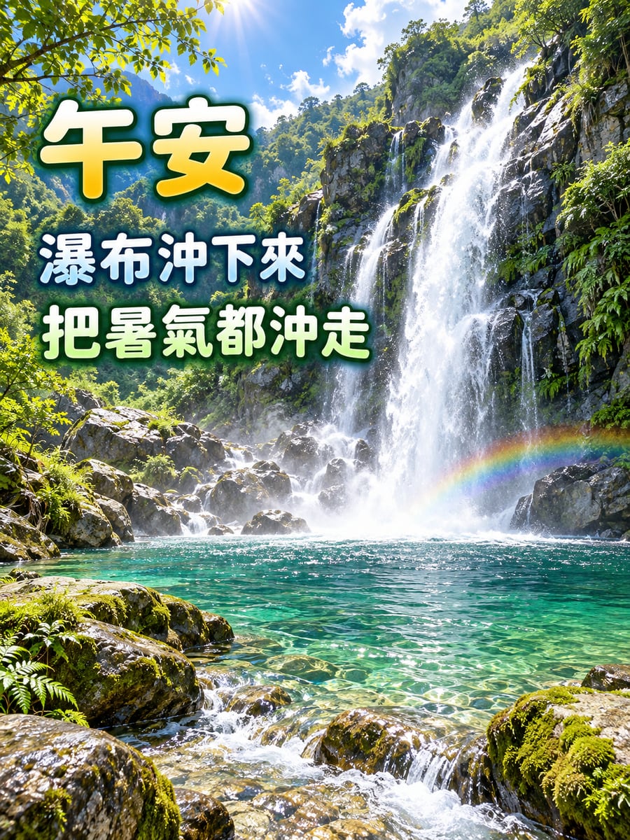 瀑布與水潭。圖中文字：午安，瀑布沖下來，把暑氣都沖走