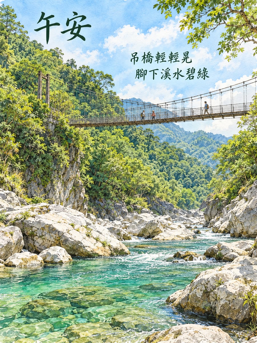 溪谷吊橋。圖中文字：午安，吊橋輕輕晃，腳下溪水碧綠