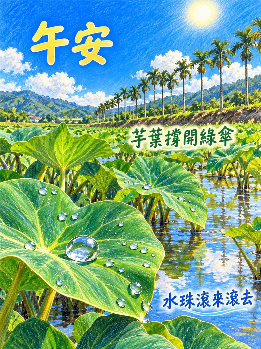 芋頭田的水珠。圖中文字：午安，芋葉撐開綠傘，水珠滾來滾去