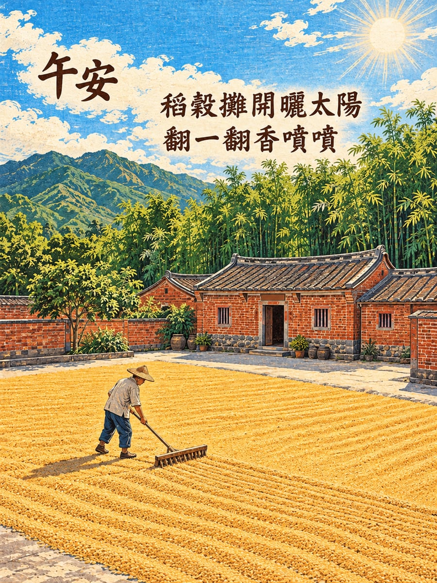 曬穀場。圖中文字：午安，稻穀攤開曬太陽，翻一翻香噴噴