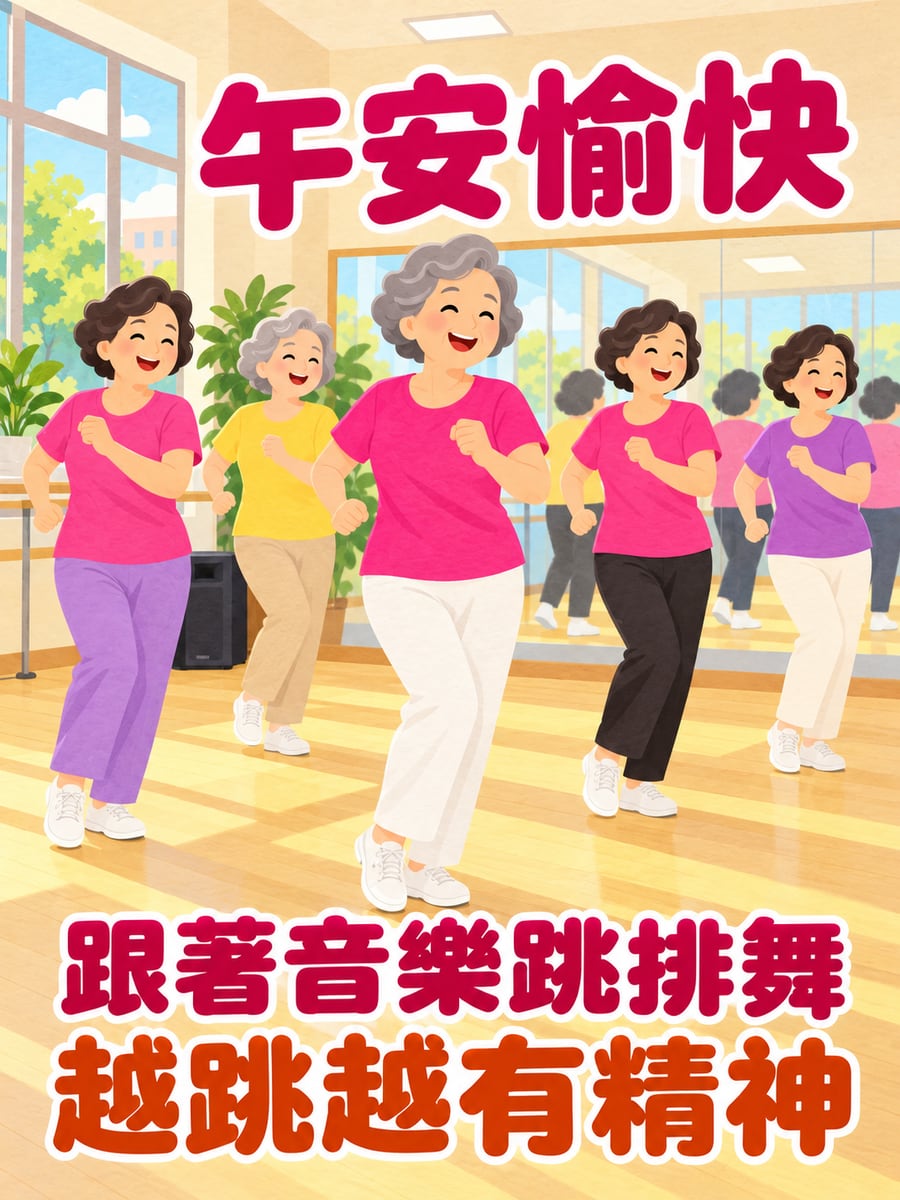 阿嬤們跳排舞。圖中文字：午安愉快，跟著音樂跳排舞，越跳越有精神