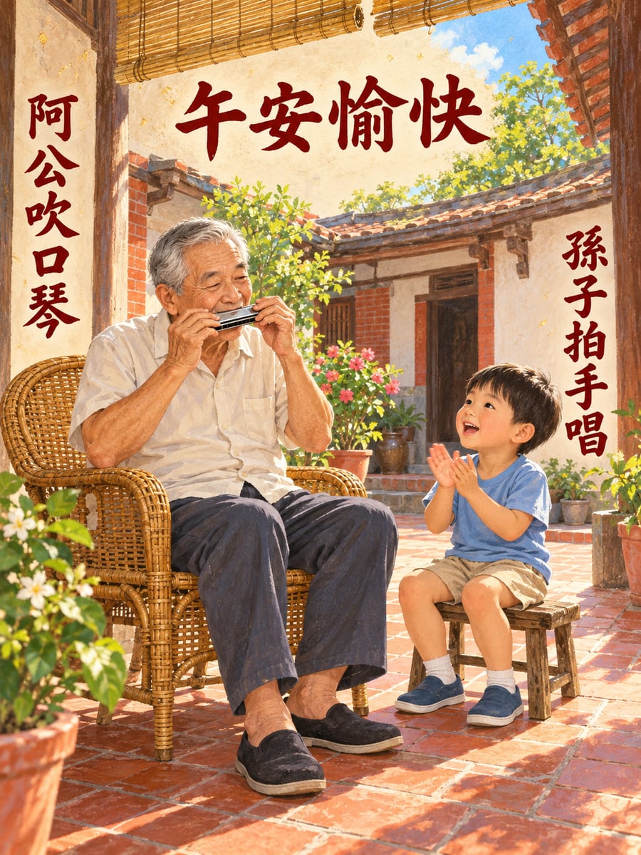 阿公吹口琴。圖中文字：午安愉快，阿公吹口琴，孫子拍手唱