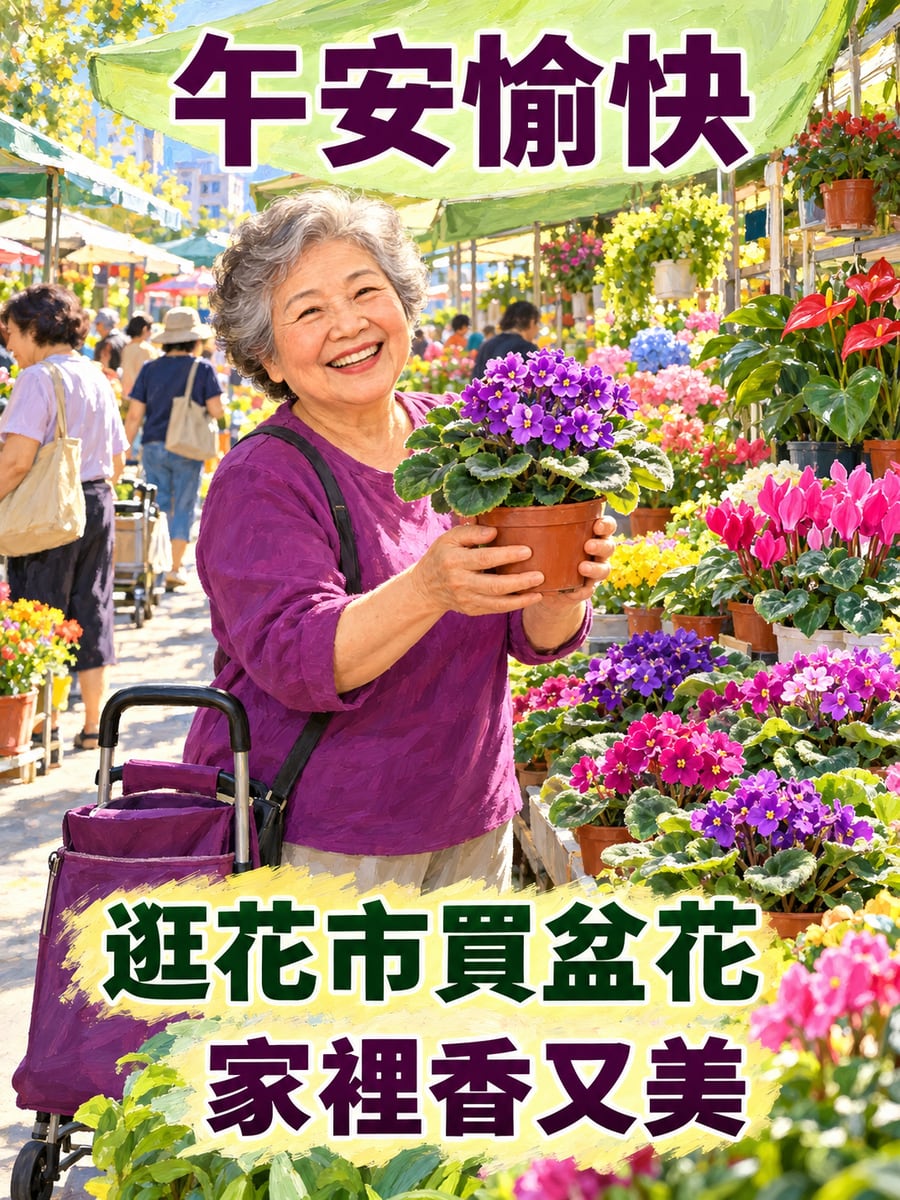 阿嬤逛花市。圖中文字：午安愉快，逛花市買盆花，家裡香又美