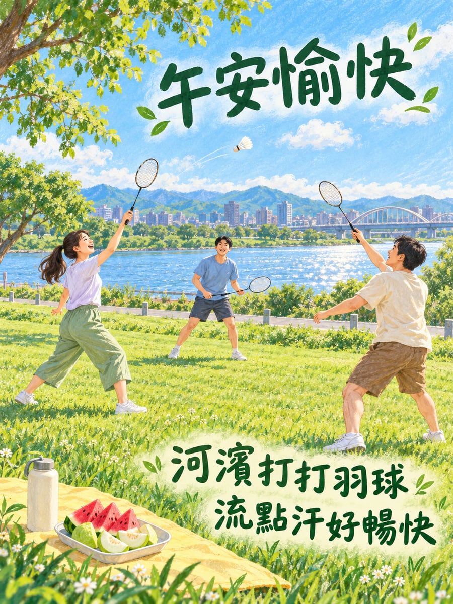 河濱打羽球。圖中文字：午安愉快，河濱打打羽球，流點汗好暢快
