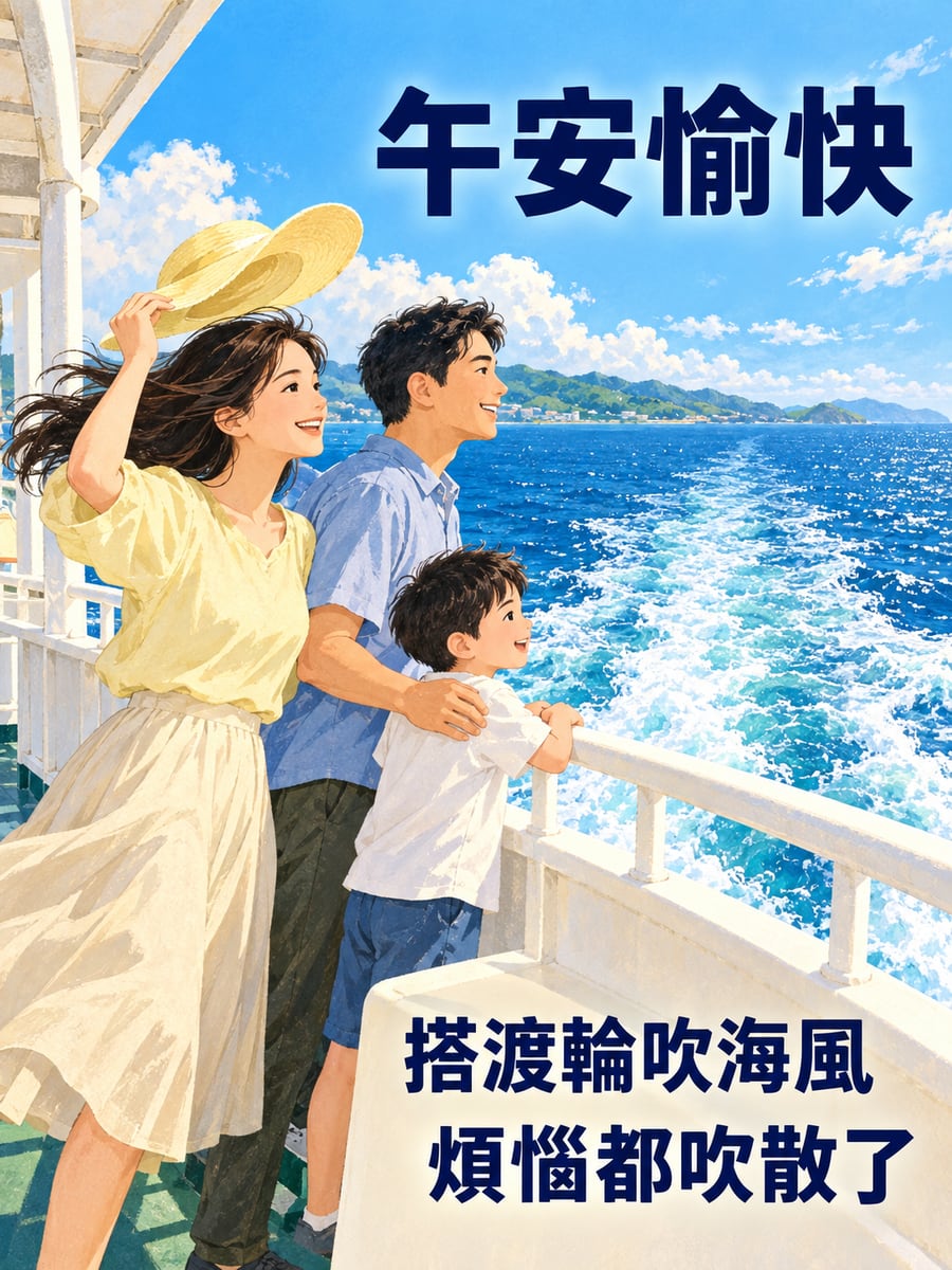 搭渡輪吹海風。圖中文字：午安愉快，搭渡輪吹海風，煩惱都吹散了