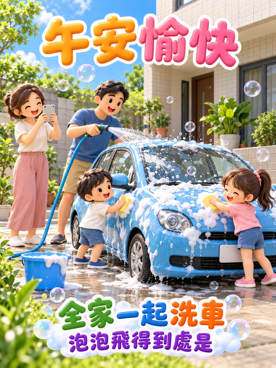 全家一起洗車。圖中文字：午安愉快，全家一起洗車，泡泡飛得到處是
