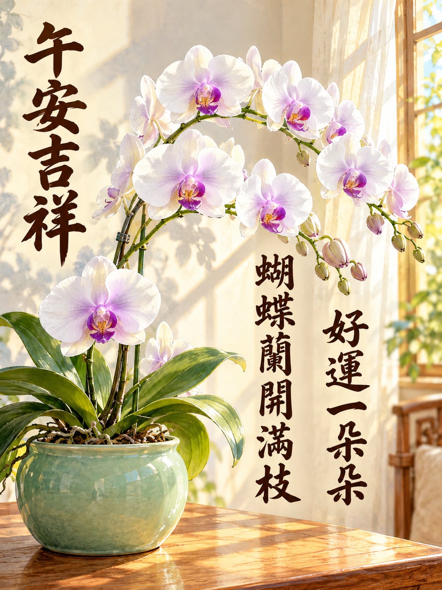 一盆蝴蝶蘭。圖中文字：午安吉祥，蝴蝶蘭開滿枝，好運一朵朵
