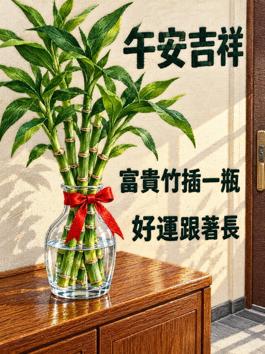 玄關的富貴竹。圖中文字：午安吉祥，富貴竹插一瓶，好運跟著長