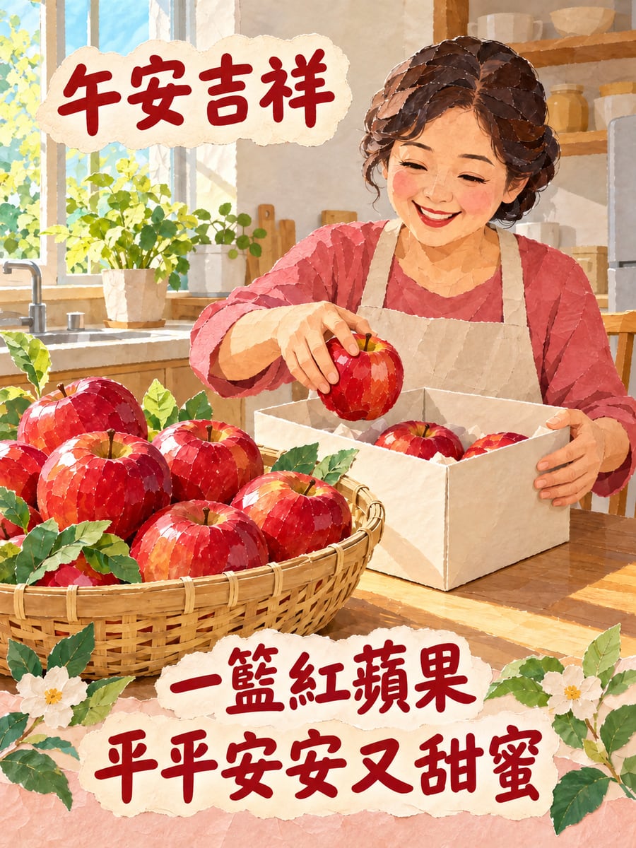 一籃紅蘋果。圖中文字：午安吉祥，一籃紅蘋果，平平安安又甜蜜
