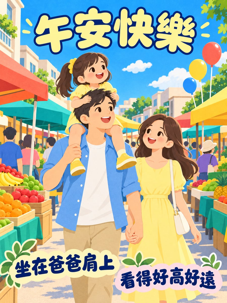 坐在爸爸肩上逛市集。圖中文字：午安快樂，坐在爸爸肩上，看得好高好遠