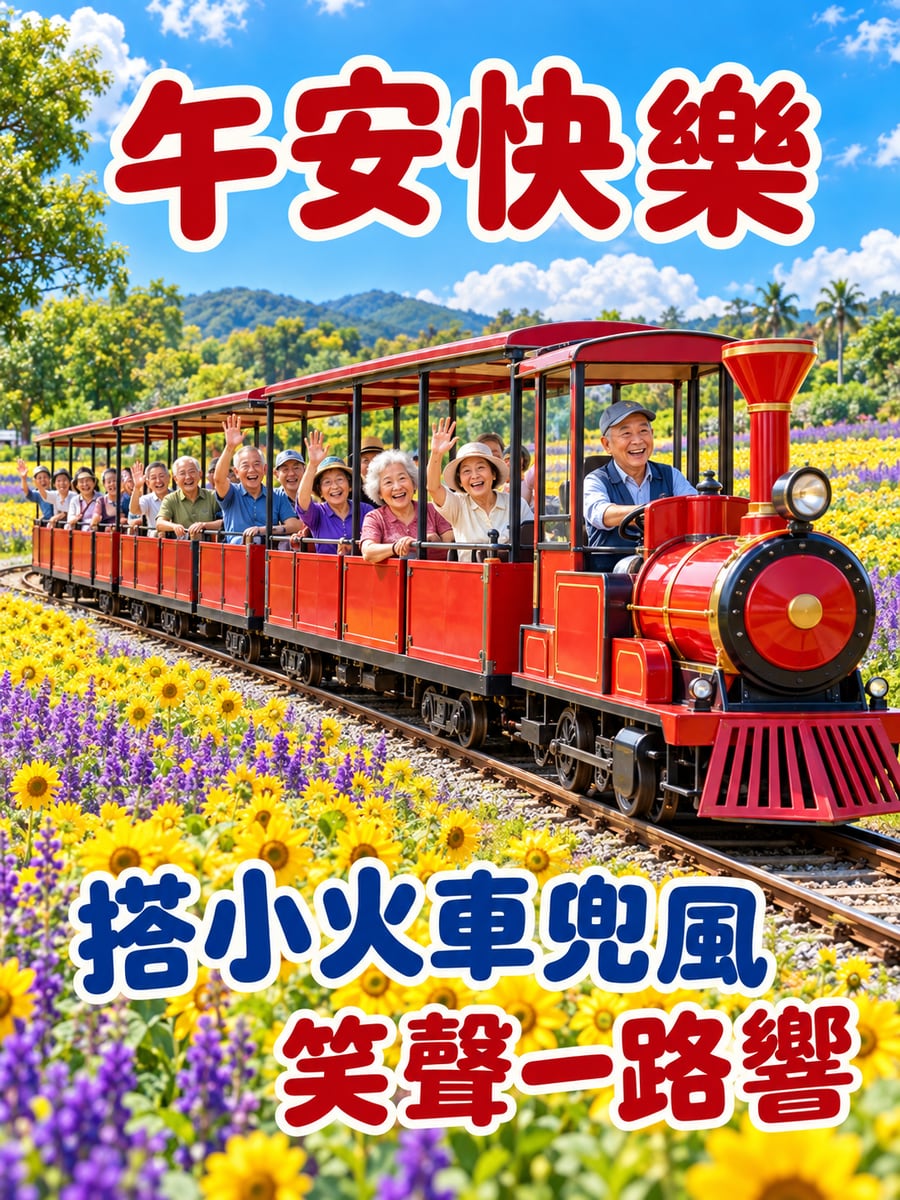 長輩坐小火車。圖中文字：午安快樂，搭小火車兜風，笑聲一路響