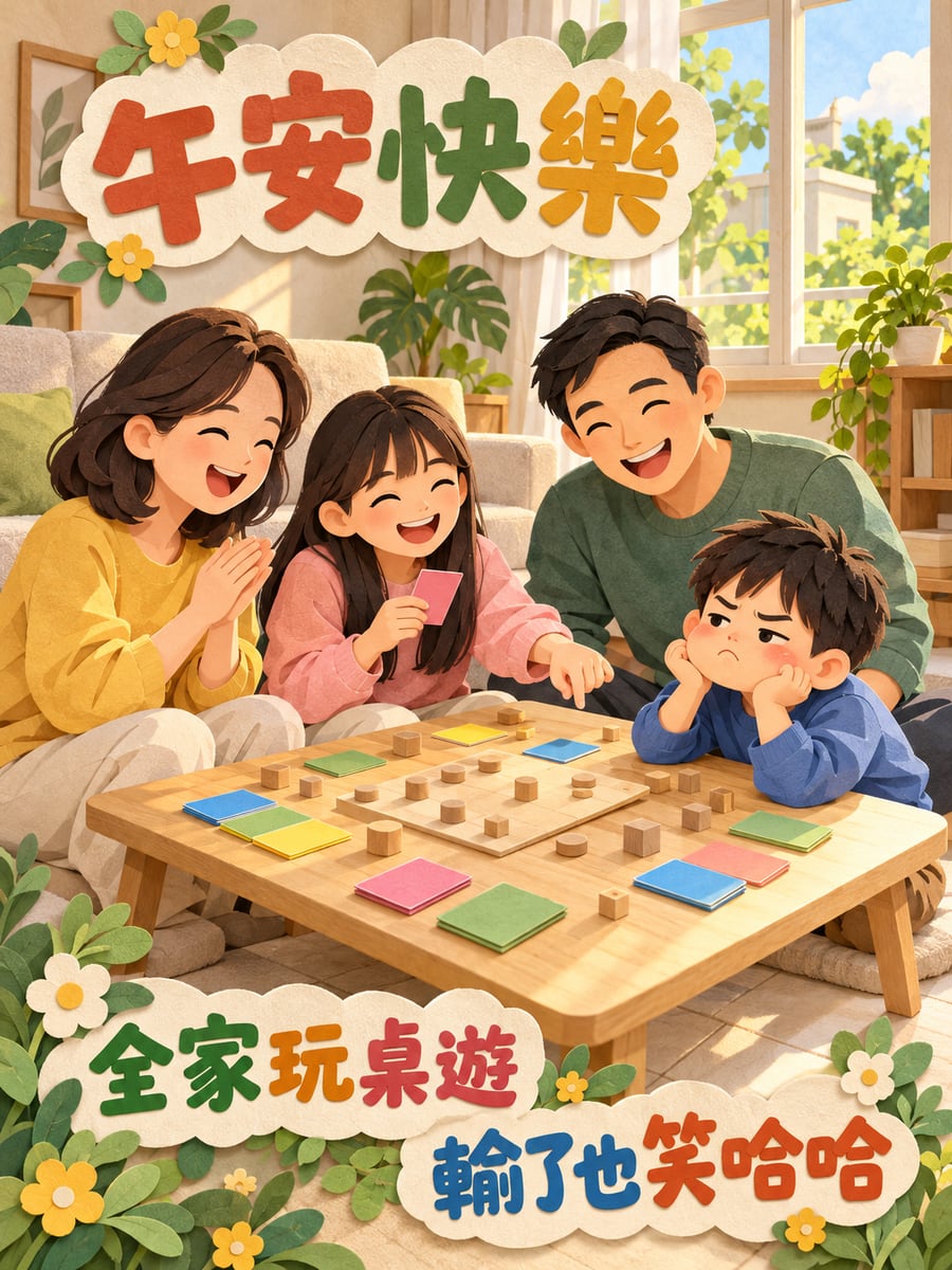 全家玩桌遊。圖中文字：午安快樂，全家玩桌遊，輸了也笑哈哈