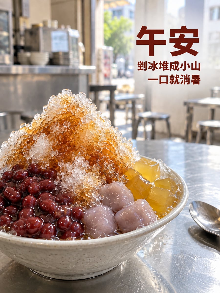 剉冰小山。圖中文字：午安，剉冰堆成小山，一口就消暑