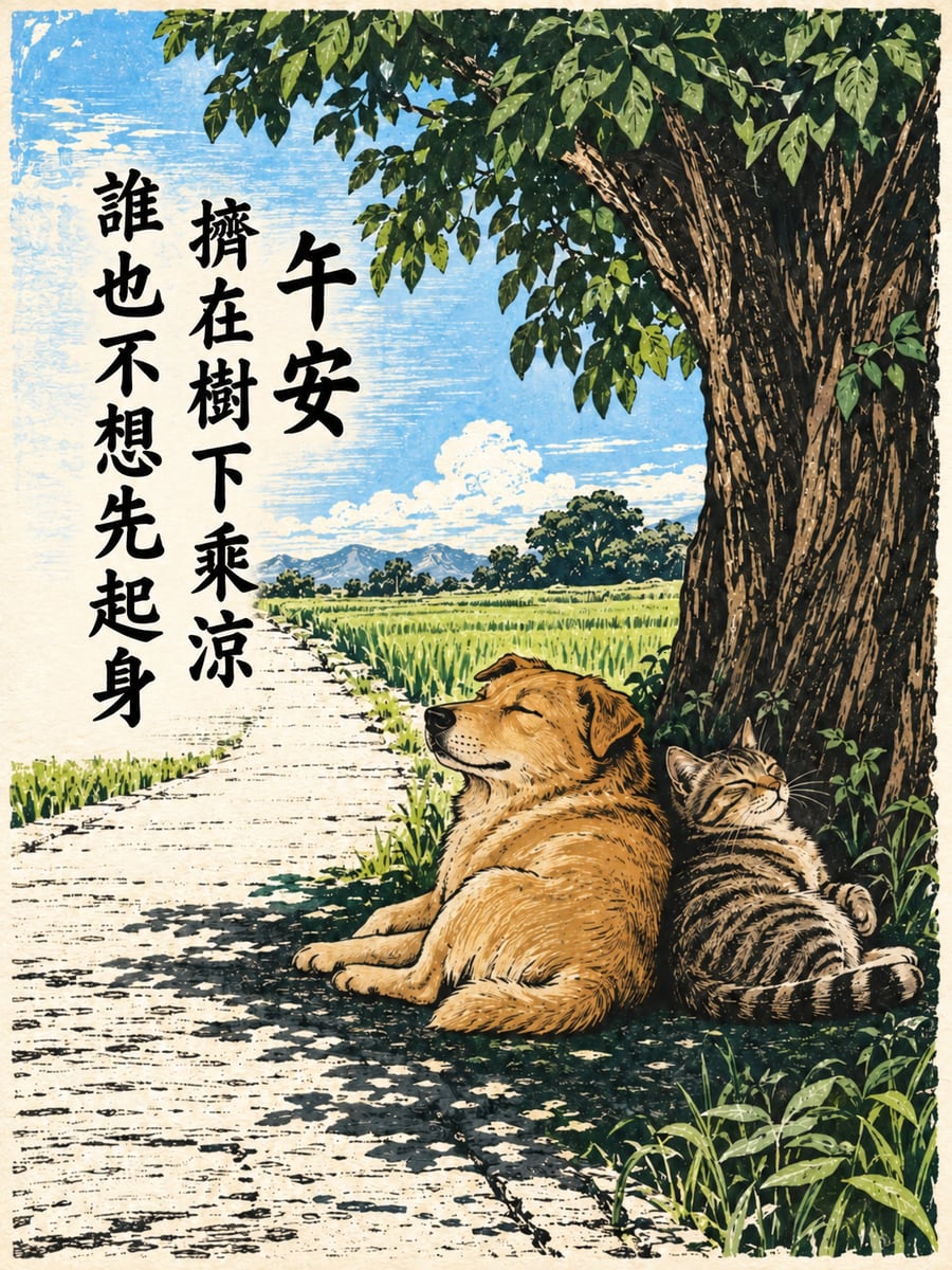 貓狗擠著乘涼。圖中文字：午安，擠在樹下乘涼，誰也不想先起身