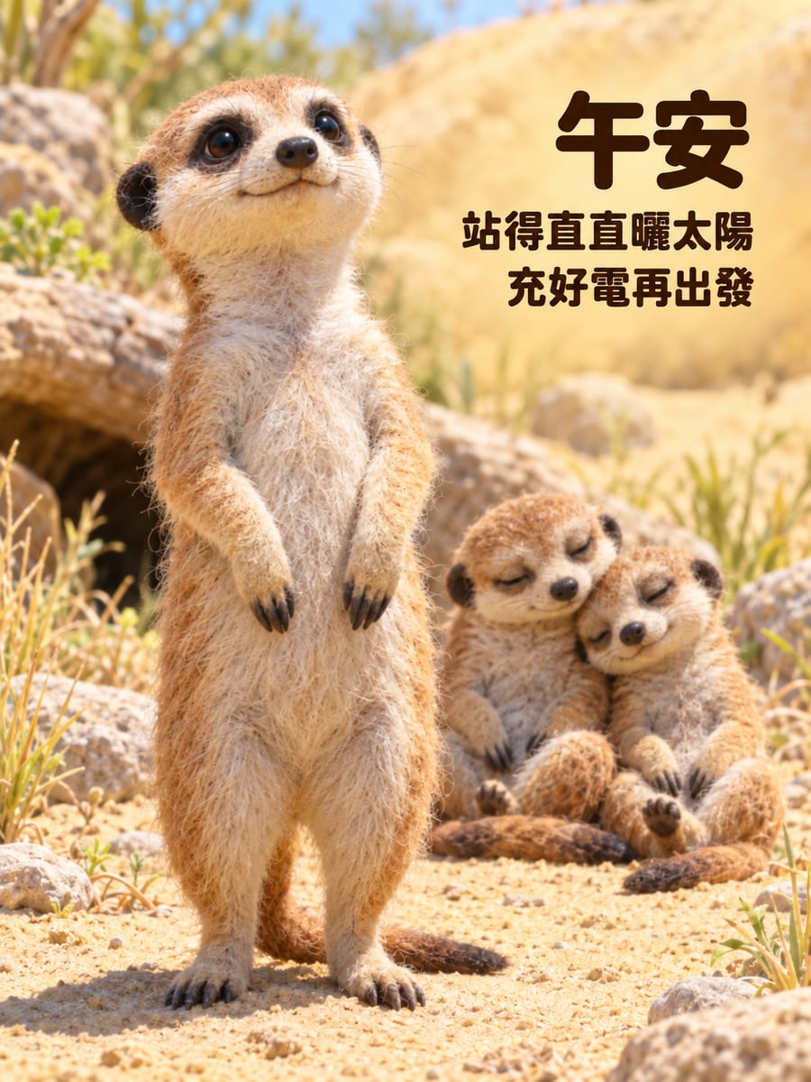 狐獴曬太陽站崗。圖中文字：午安，站得直直曬太陽，充好電再出發