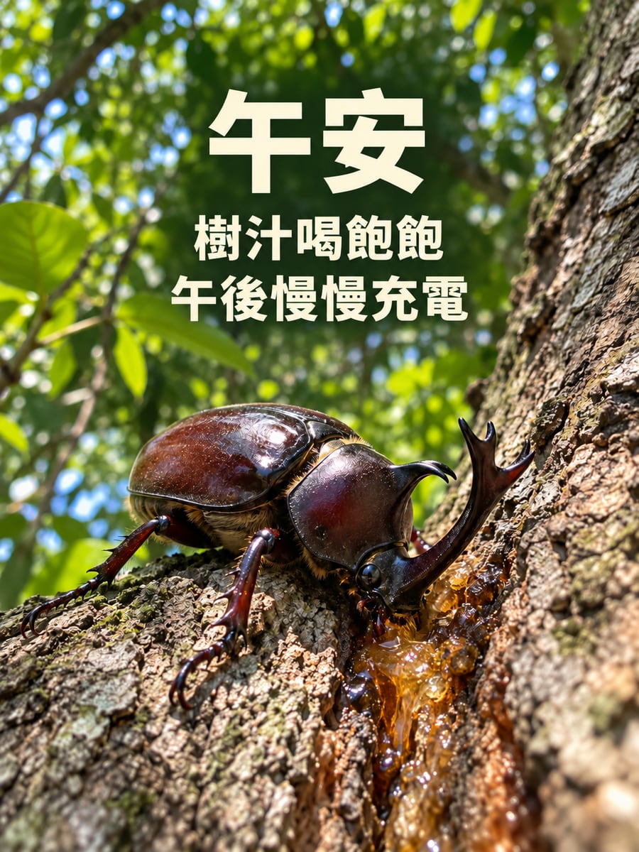獨角仙喝樹汁。圖中文字：午安，樹汁喝飽飽，午後慢慢充電