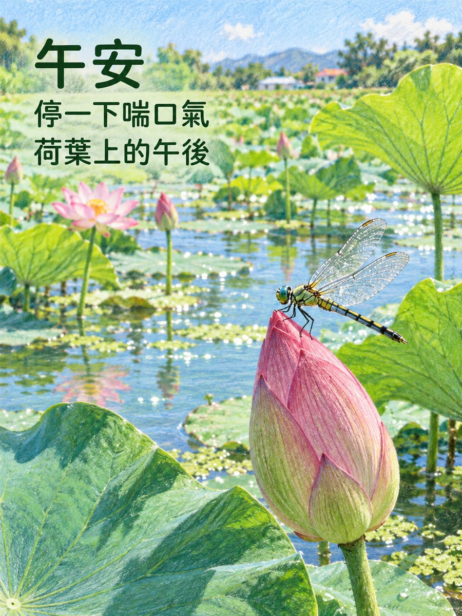 蜻蜓停在荷花苞。圖中文字：午安，停一下喘口氣，荷葉上的午後