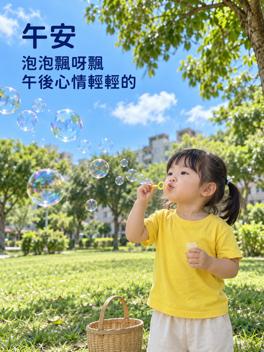 小朋友吹泡泡。圖中文字：午安，泡泡飄呀飄，午後心情輕輕的