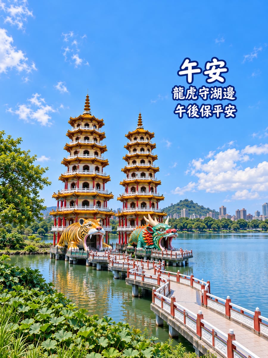 龍虎塔午後。圖中文字：午安，龍虎守湖邊，午後保平安
