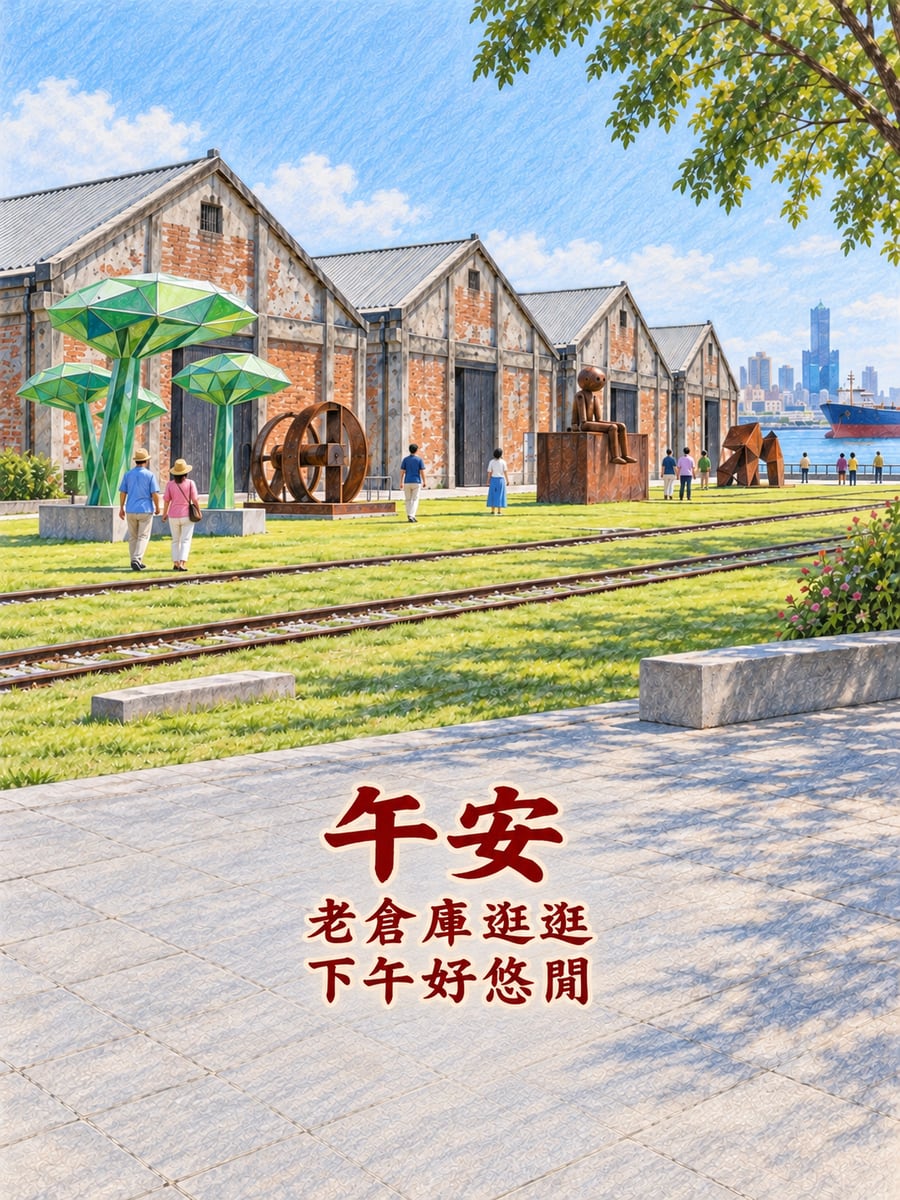 駁二倉庫午後。圖中文字：午安，老倉庫逛逛，下午好悠閒