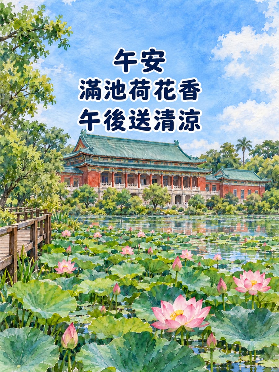 植物園荷花池。圖中文字：午安，滿池荷花香，午後送清涼