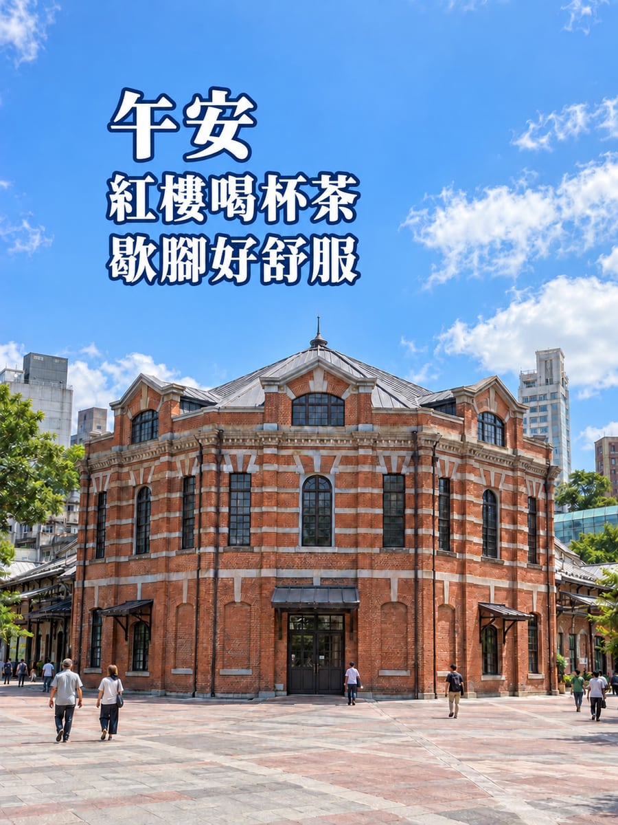 西門紅樓午後。圖中文字：午安，紅樓喝杯茶，歇腳好舒服