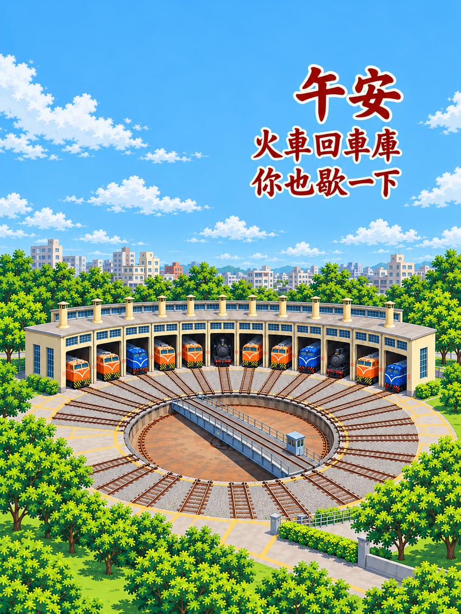 扇形車庫午後。圖中文字：午安，火車回車庫，你也歇一下